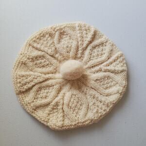 Hand Knit Beret Hat Womens One Size White Wool Cable Pom Pom Handmade Winter